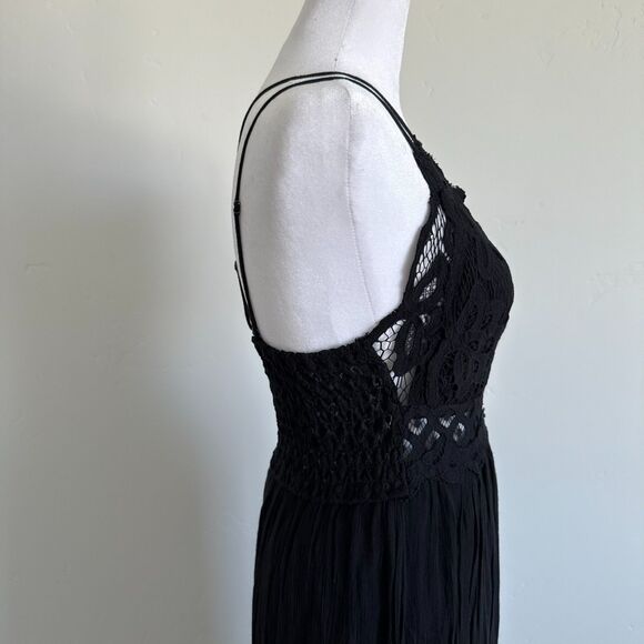 FP One womens Adella Maxi Dress Crochet Smocked spaghetti Strap Black Goth Sz M - Picture 10 of 14